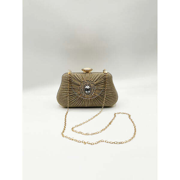 SVNX Ruched Jewel Clutch Bag in Gold, imported from the UK