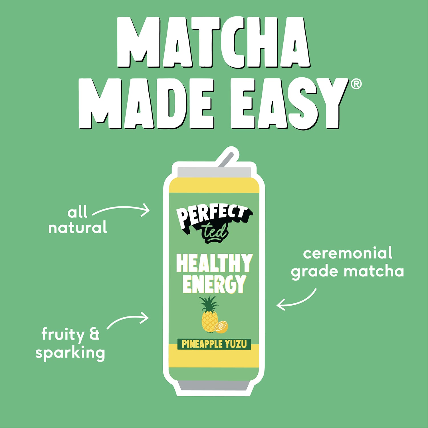 PerfectTed matcha energy drink Pineapple Yuzu 250ml, imported from the UK
