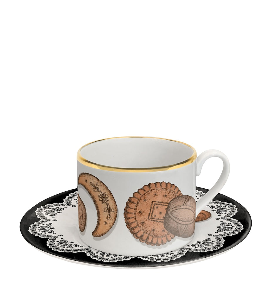 Fornasetti Biscotti porcelain teacups and saucers set, imported from the UK