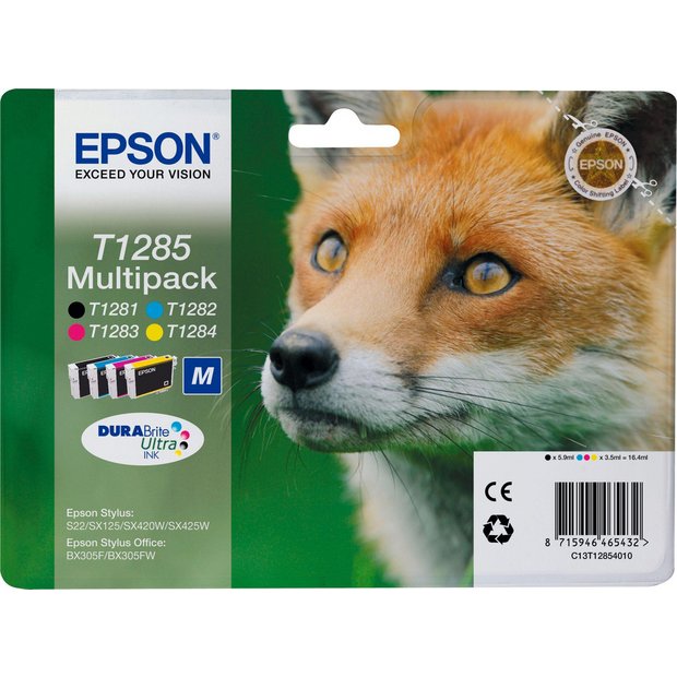 Epson T1285 Fox ink cartridges black and colour pack (British brand)