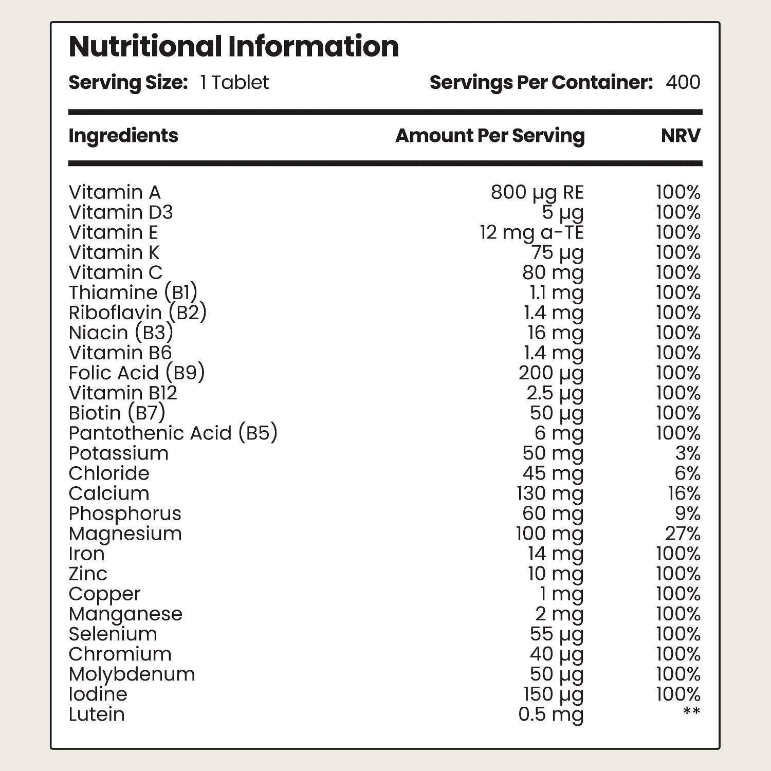 VitaBright multivitamin tablets 27 nutrients 400 tablets (British brand)