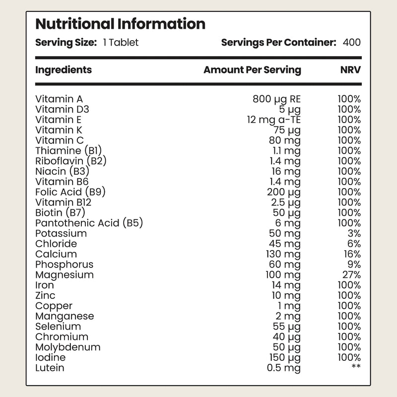 VitaBright multivitamin tablets 27 nutrients 400 tablets (British brand)