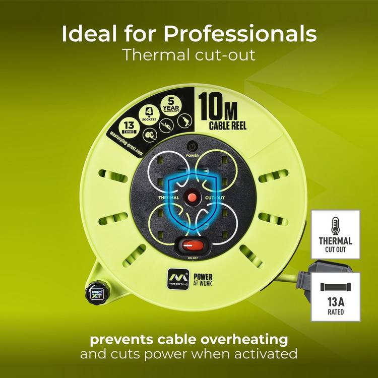 Masterplug Pro-XT 10m 4-socket cable reel, UK version