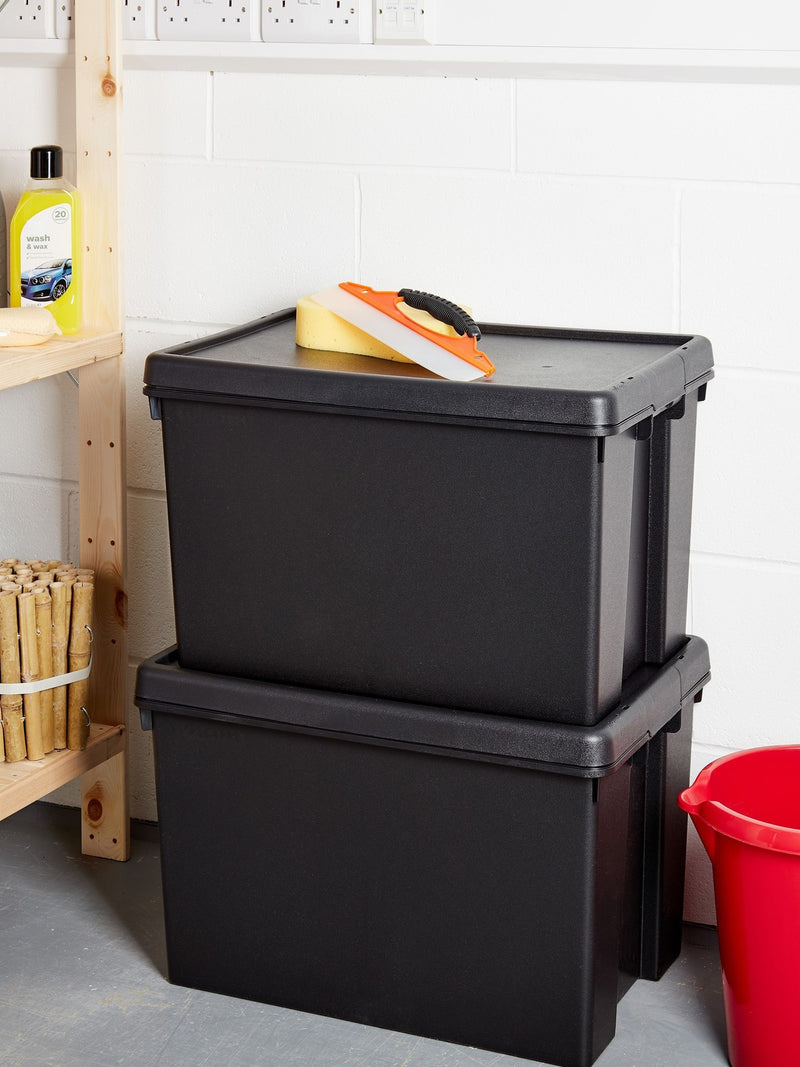 Ensemble de boîtes de rangement robustes en plastique noir Wham 62L, importé du Royaume-Uni
