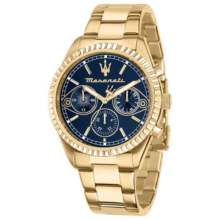 Maserati watch blue dial gold bracelet 43mm, UK version
