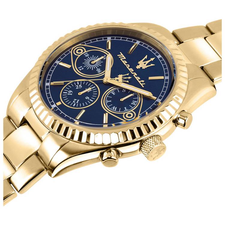 Maserati watch blue dial gold bracelet 43mm, UK version