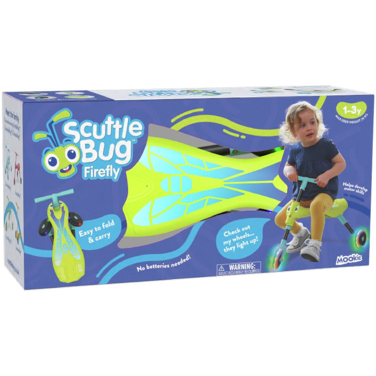 Scuttlebug Firefly ride-on trike with light up wheels, imported from the UK