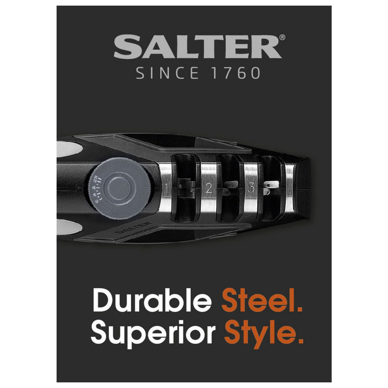 Salter hand held knife sharpener black 4-in-1 tool - British product
