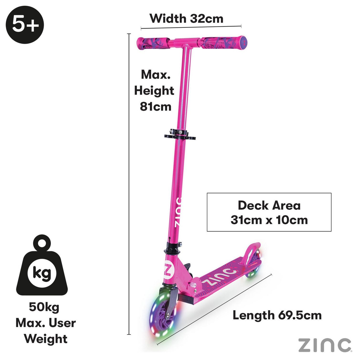 Zinc Identity light up foldable scooter pink (British brand)
