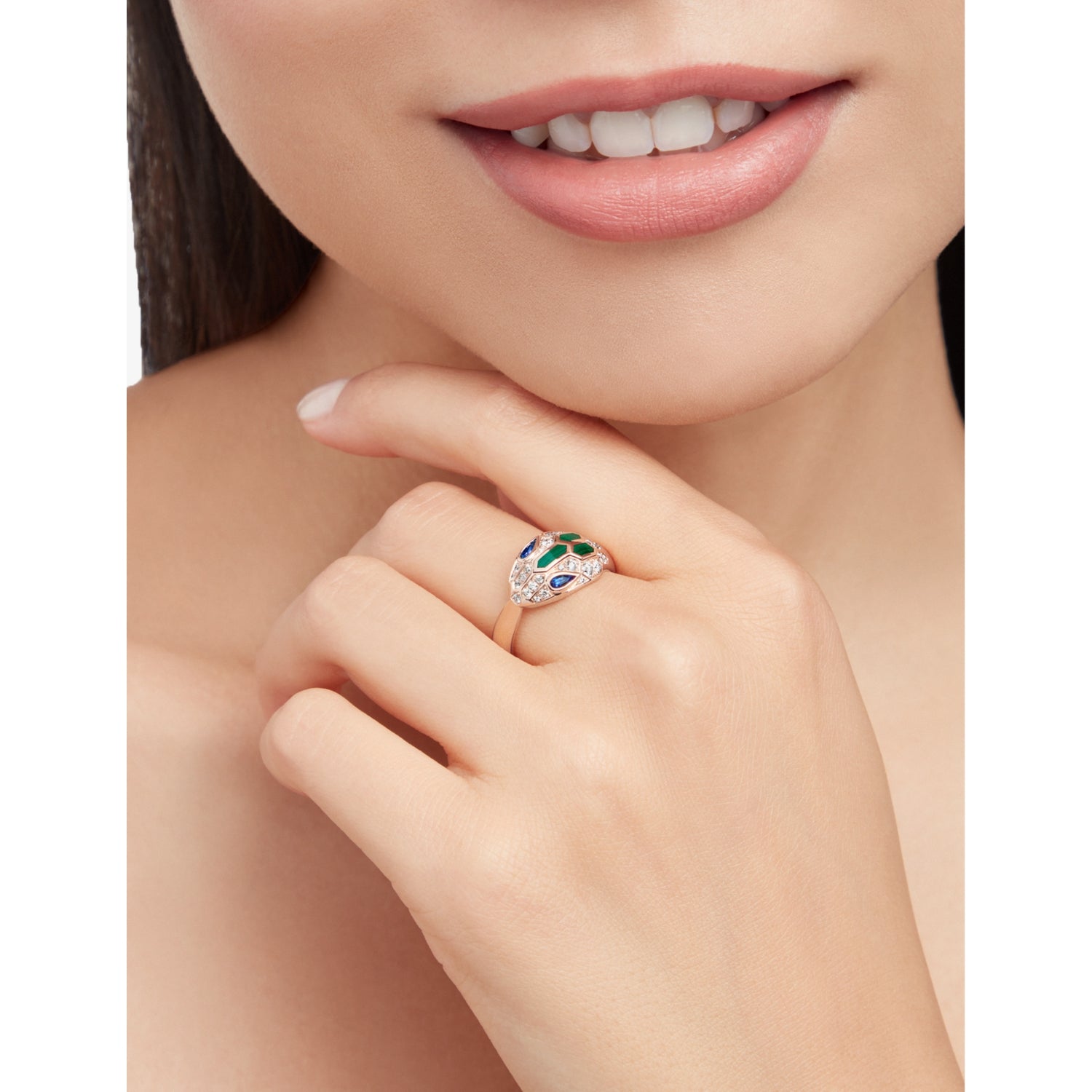 Bvlgari Serpenti ring 18ct rose gold malachite diamonds sapphires - British product