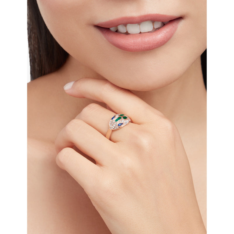 Bvlgari Serpenti ring 18ct rose gold malachite diamonds sapphires - British product