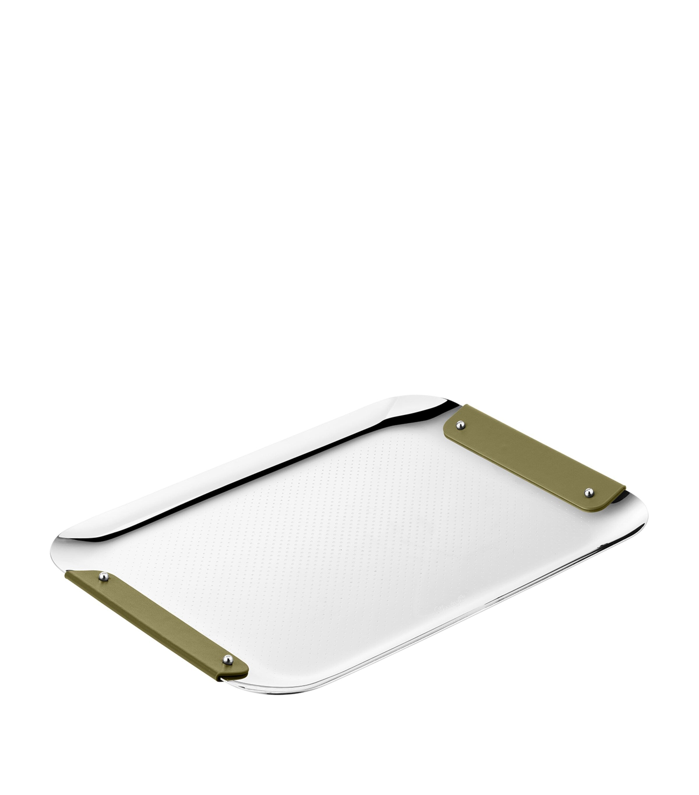 Christofle leather-trim rectangular tray with hammered dot effect 32cm - British product