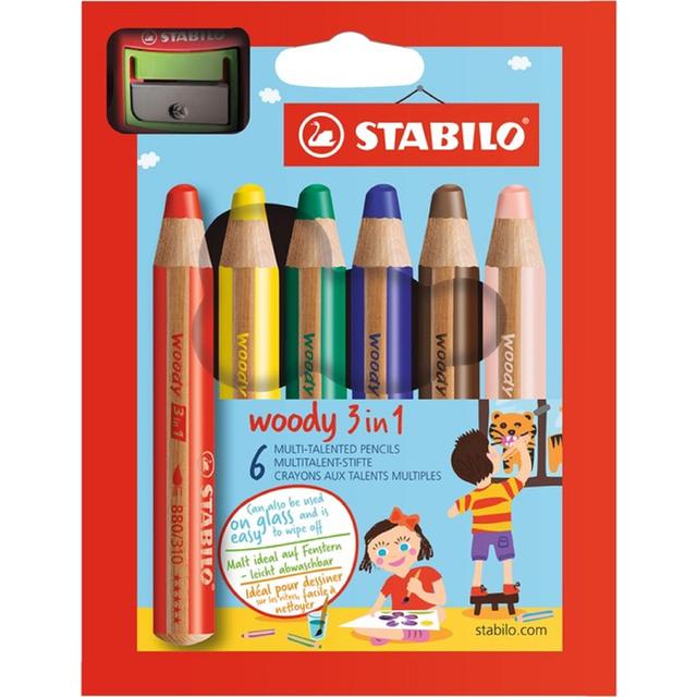 STABILO woody 3 in 1 colouring pencils wallet of 6 colours + sharpener    6 per pack