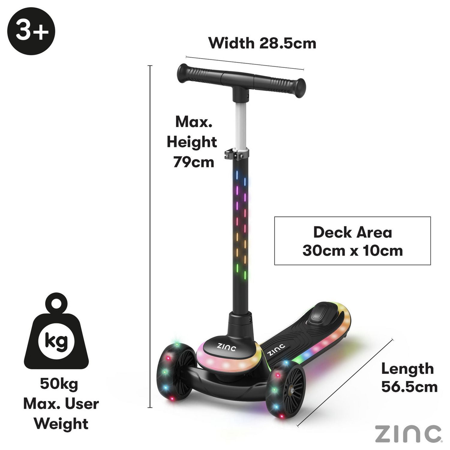 Zinc 3 wheel scooter for kids black adjustable height (British brand)