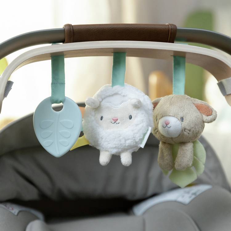 Ingenuity baby toy bar wooden with three toys, UK version