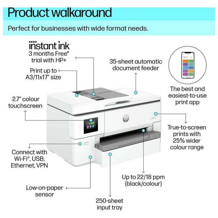 HP OfficeJet Pro 9720e A3 colour inkjet printer, UK version