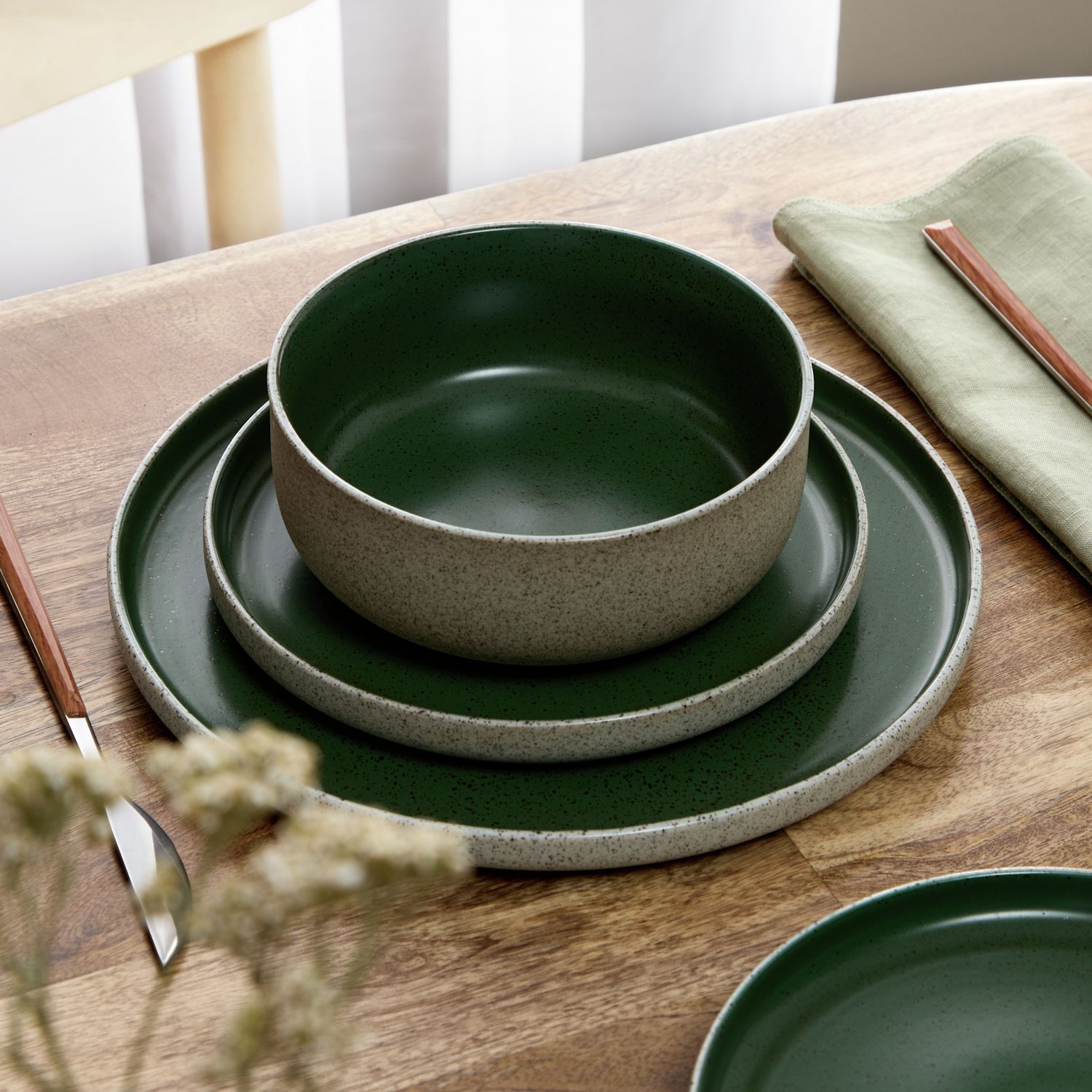 Habitat raw edge speckle stoneware dinner set 12 piece, imported from the UK