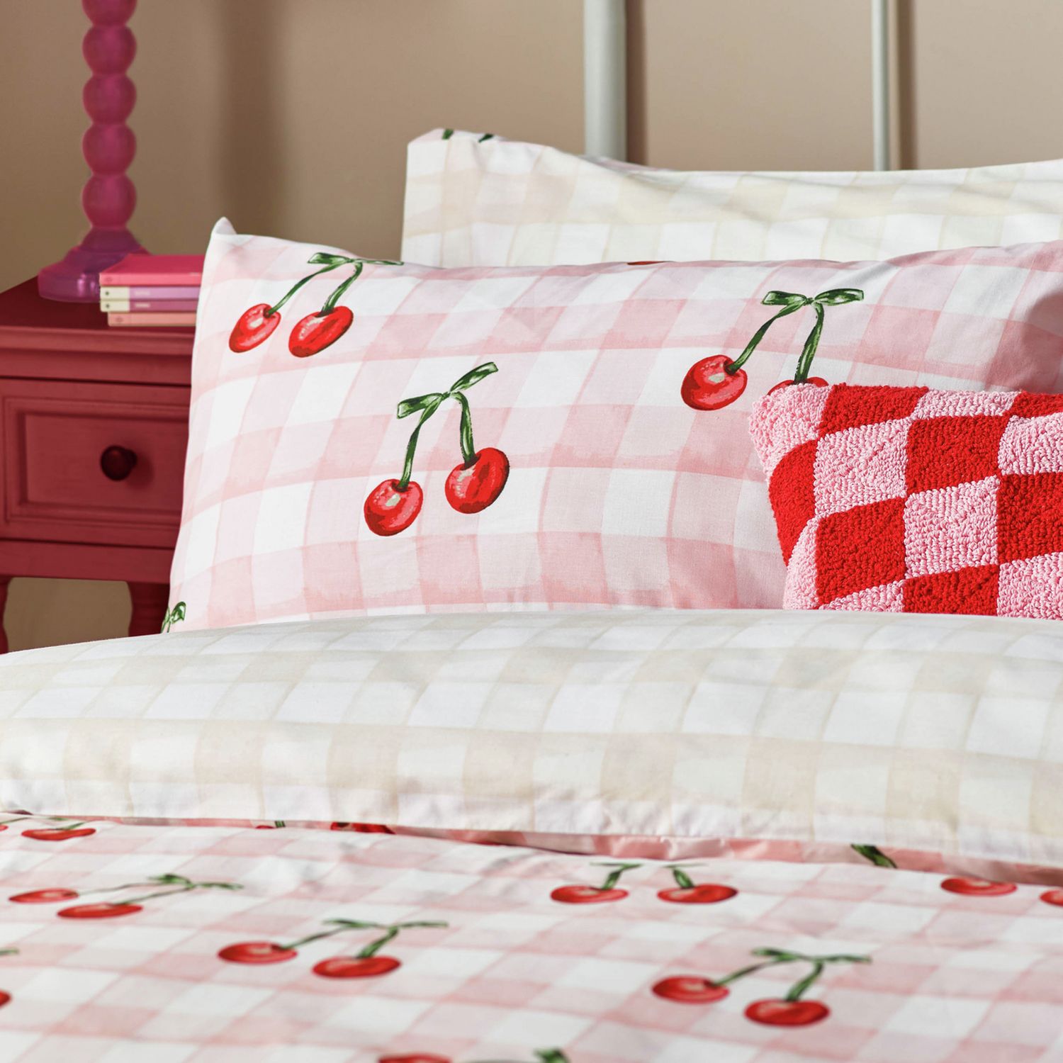 Heya Home Cherry Gingham Pink Bedding Set - Double