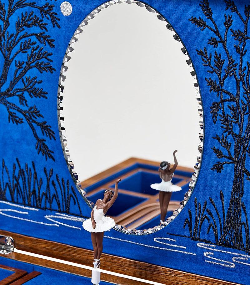 WOLF ballet musical jewellery box with Swan Lake music and embroidered theatre design (British brand)