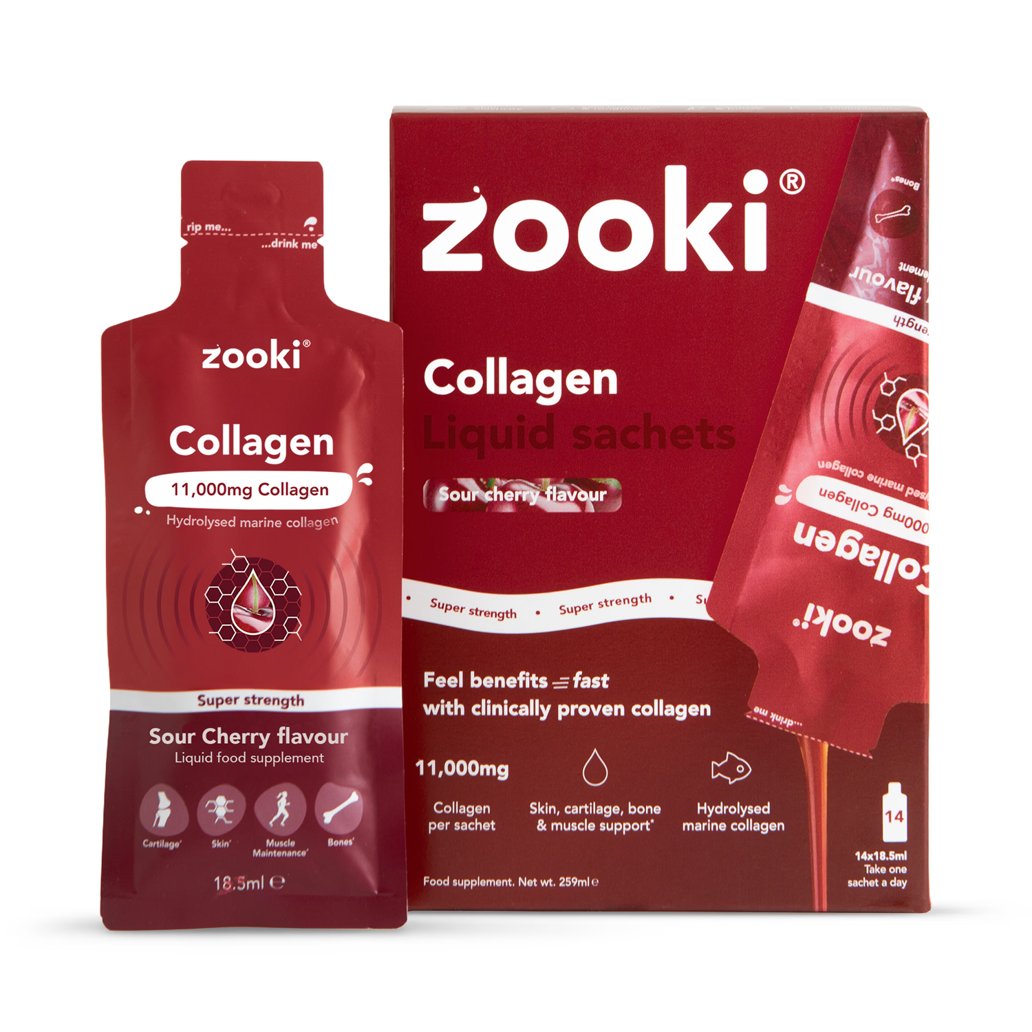 Zooki marine collagen supplement Sour Cherry 14 sachets (British brand)