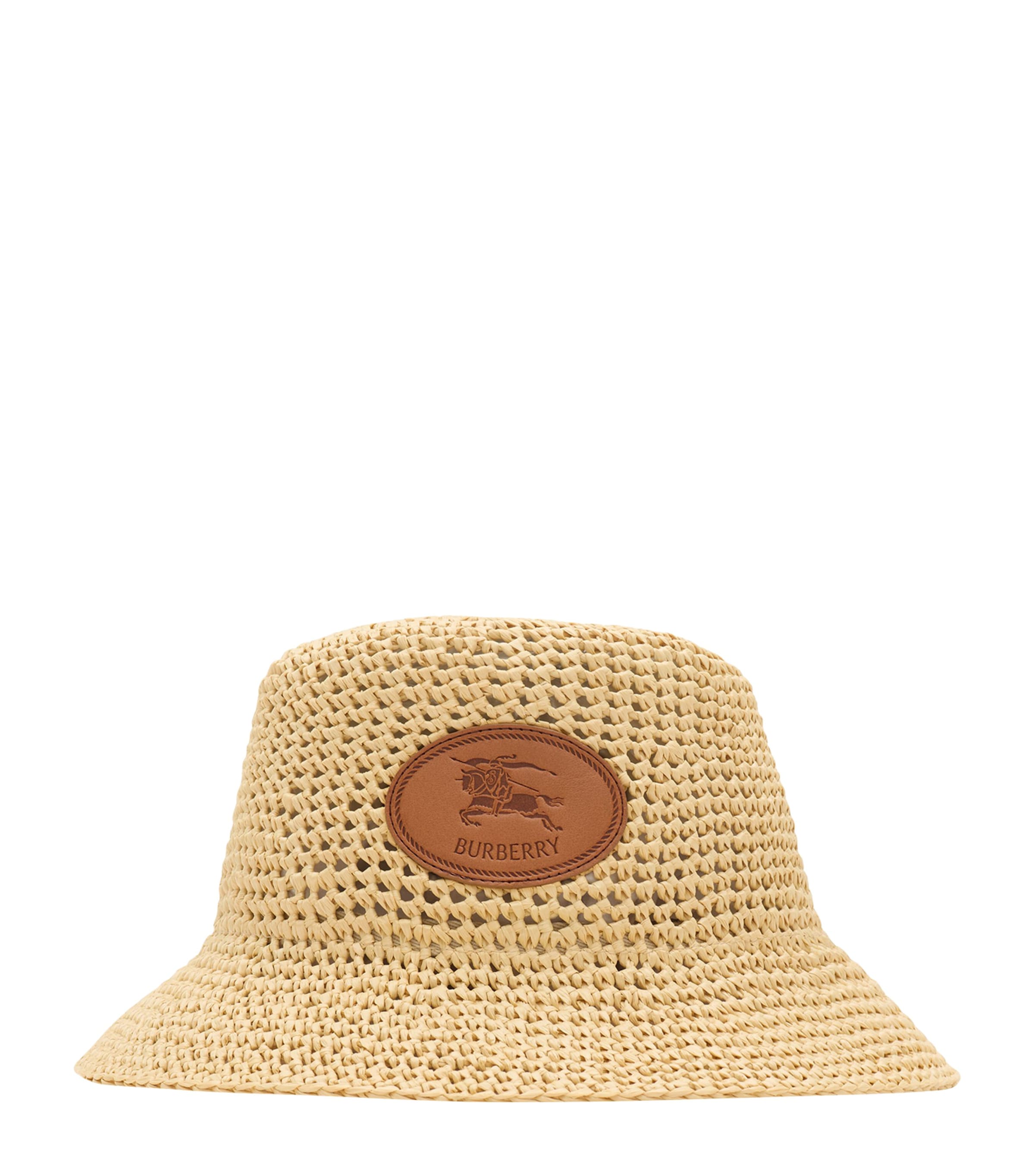 Burberry raffia-effect bucket hat with Knight Stamp, imported from the UK