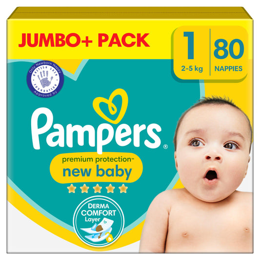 Pampers New Baby Size 1 Jumbo+ Pack, 2kg-5kg 80 Nappies big packs Sainsburys   
