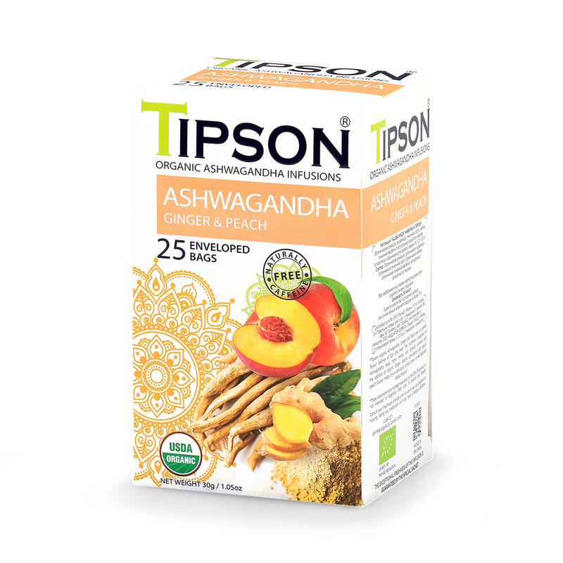 Tipson Organic Ashwagandha Ginger Peach Tea Bags 25 (British brand)