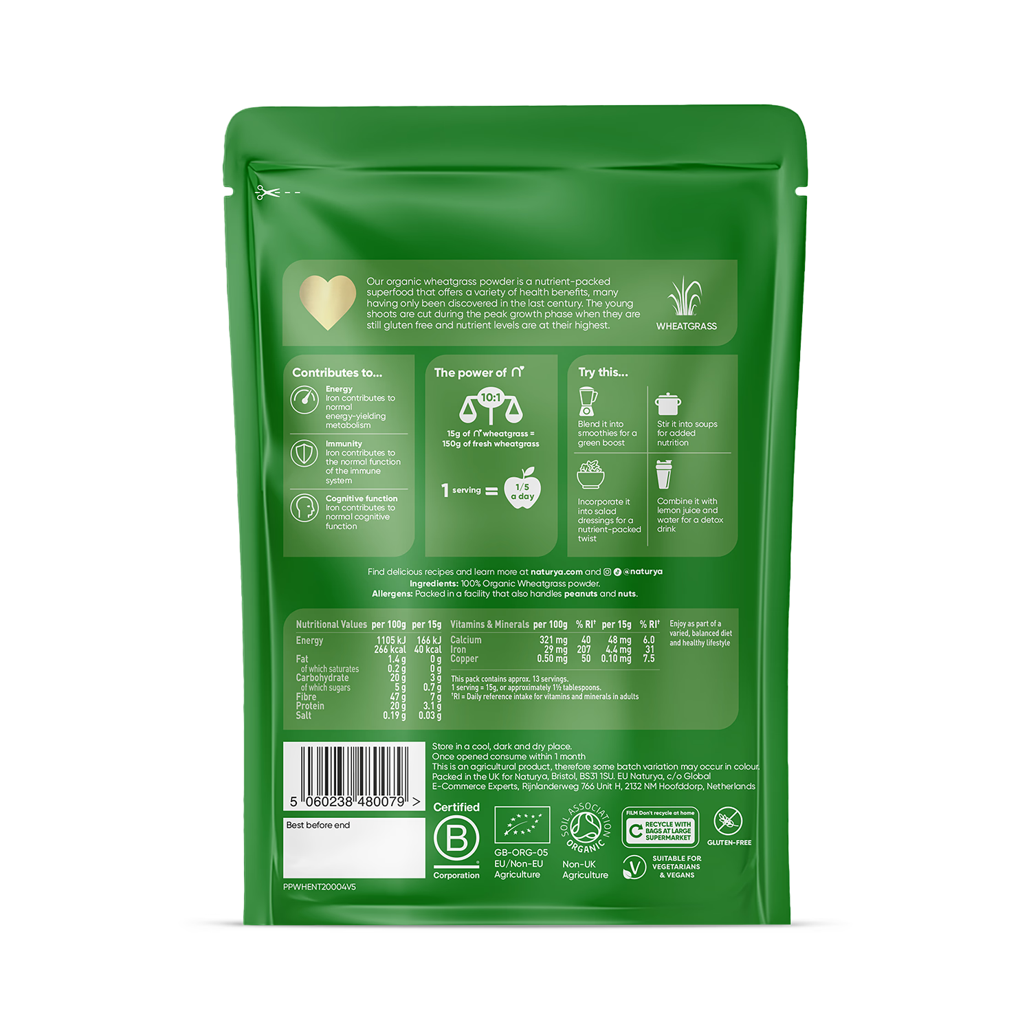 Naturya Organic Wheatgrass Powder 200g, imported from the UK