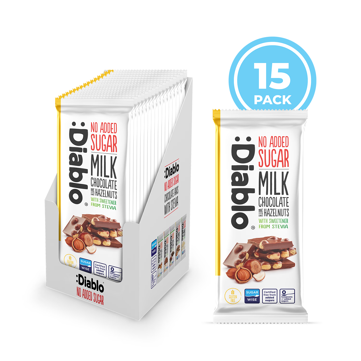 Diablo no added sugar milk chocolate bar with hazelnuts 75g, imported from the UK
