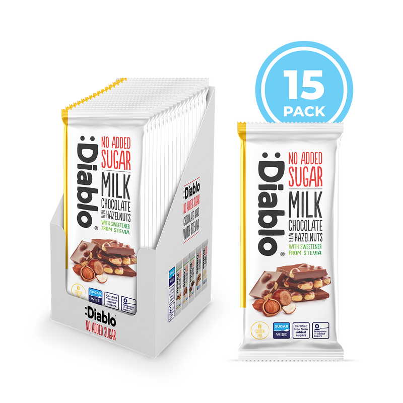 Diablo no added sugar milk chocolate bar with hazelnuts 75g, imported from the UK