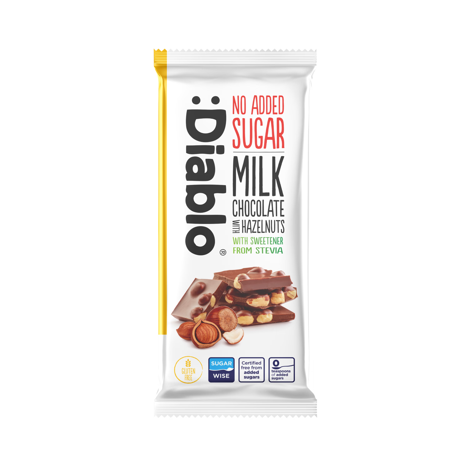 Diablo no added sugar milk chocolate bar with hazelnuts 75g, imported from the UK