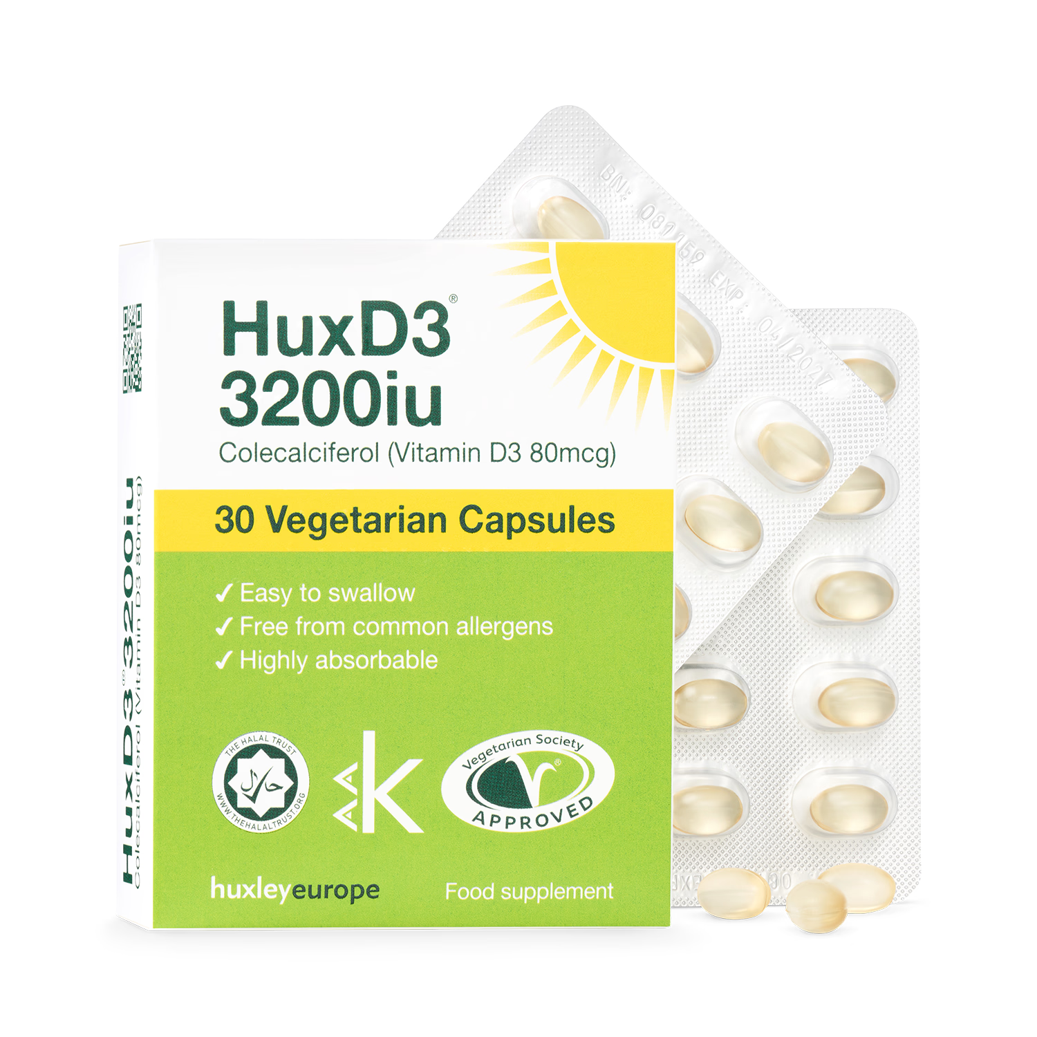 HuxD3 vitamin D3 3200iu 30 vegetarian capsules, imported from the UK