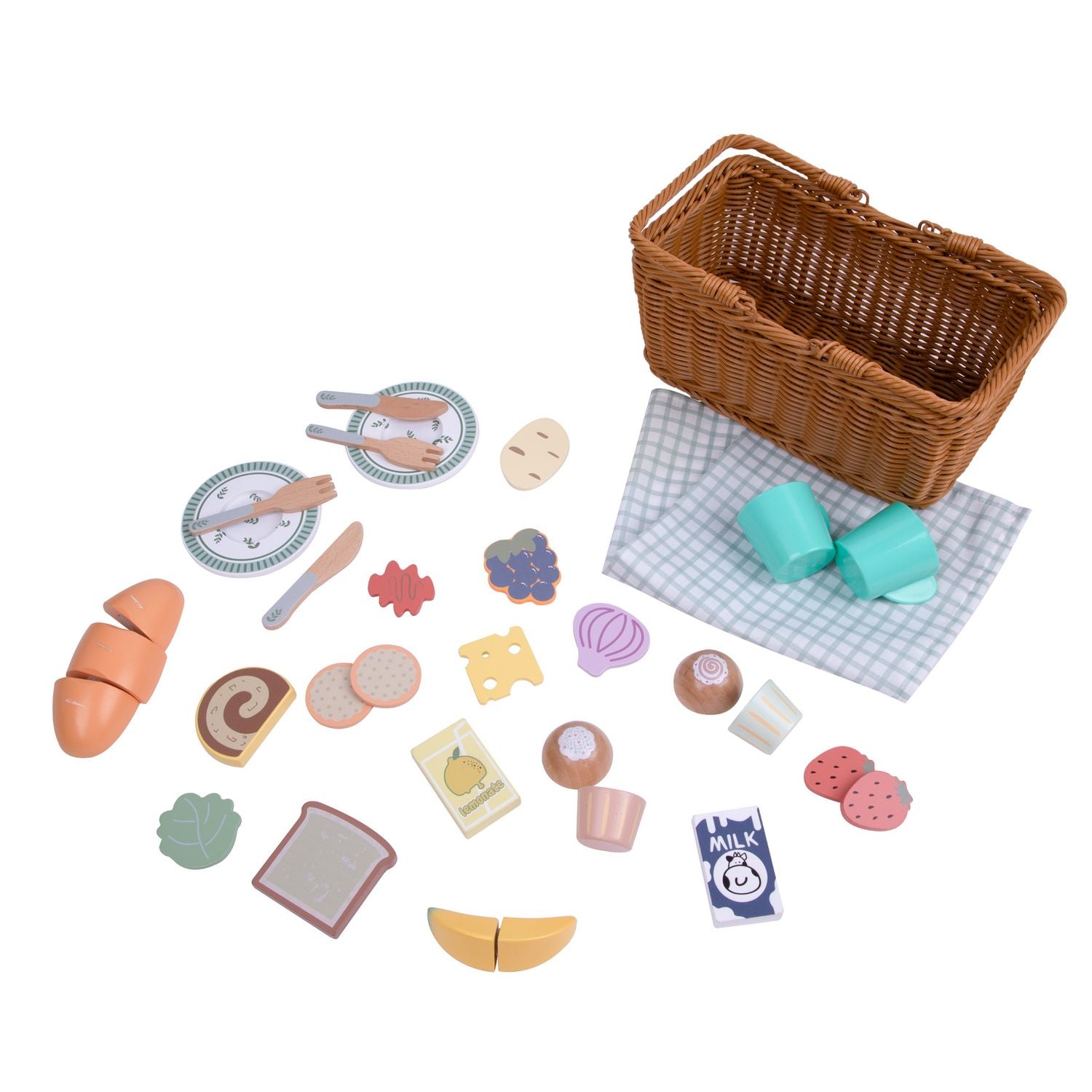 Chad Valley wooden picnic basket set with food and blanket - British product