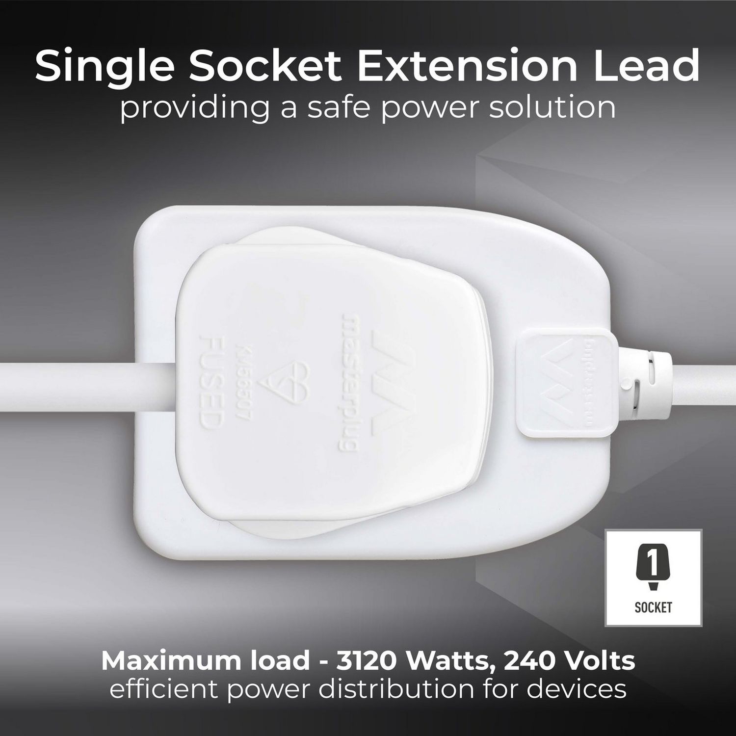 Masterplug 1 socket 8m extension lead, imported from the UK