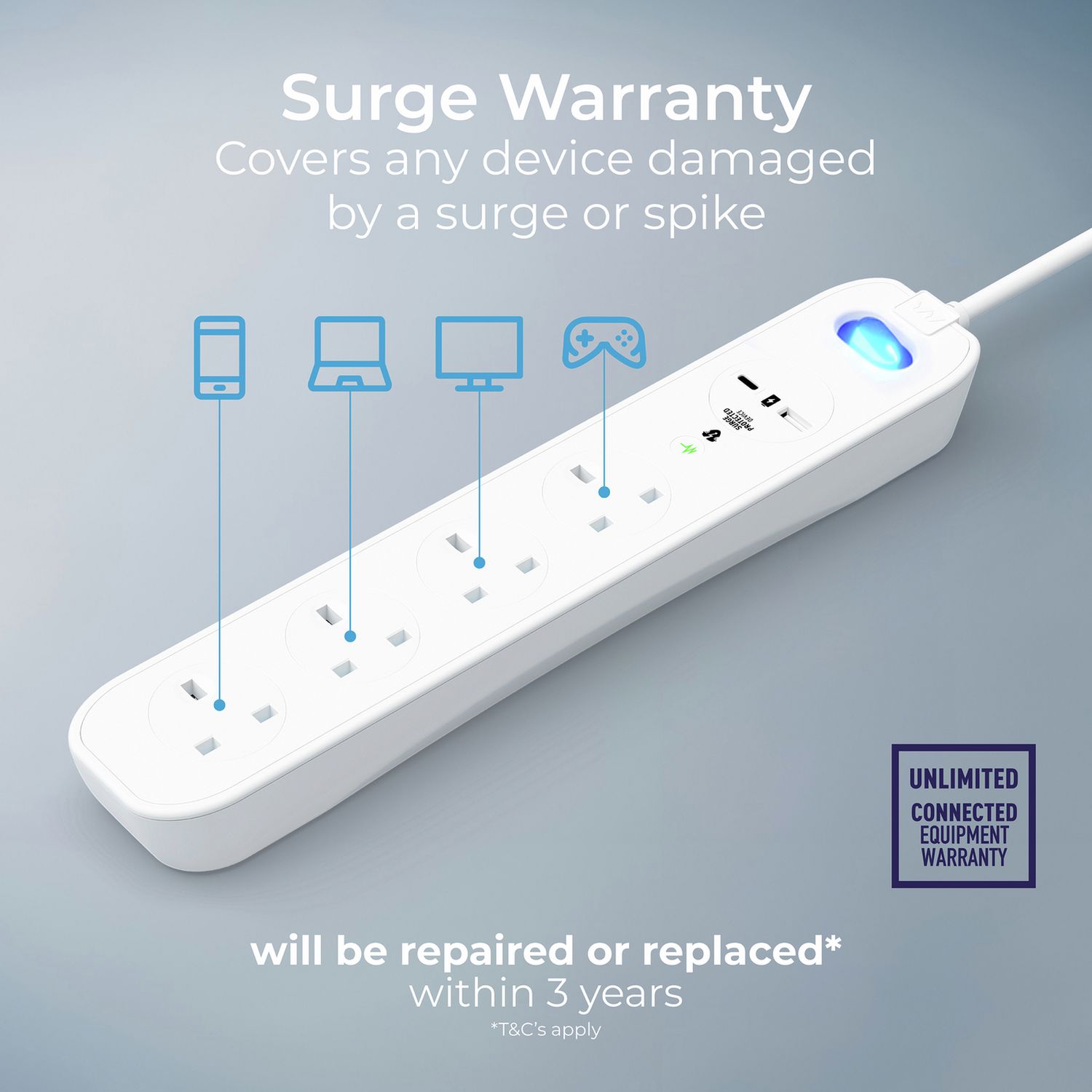 Masterplug extension lead with surge protection and USB - British product