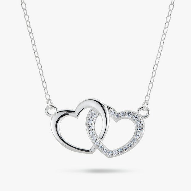 Revere sterling silver double heart necklace with cubic zirconia, imported from the UK