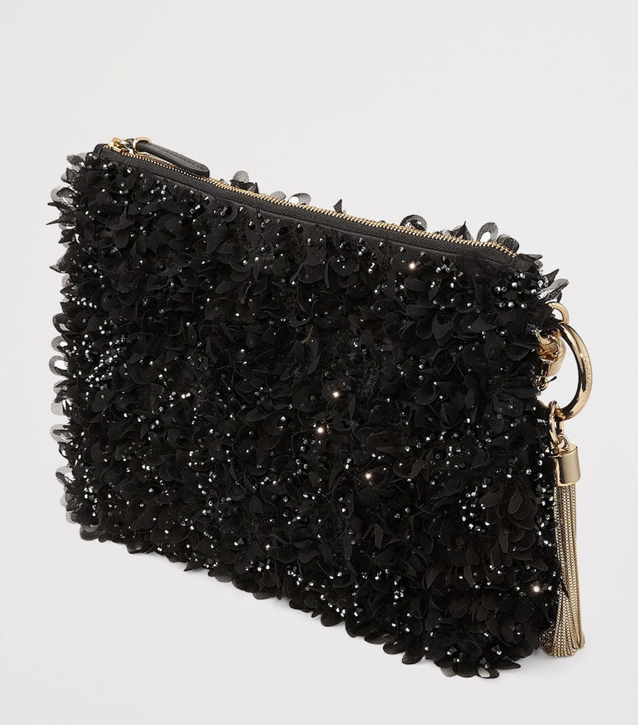 Jimmy Choo crystal-embellished satin clutch bag, imported from the UK
