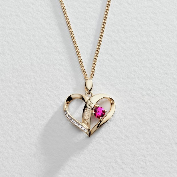 Moon & Back 9ct gold plated silver ruby heart Nan pendant 18 inch chain, imported from the UK