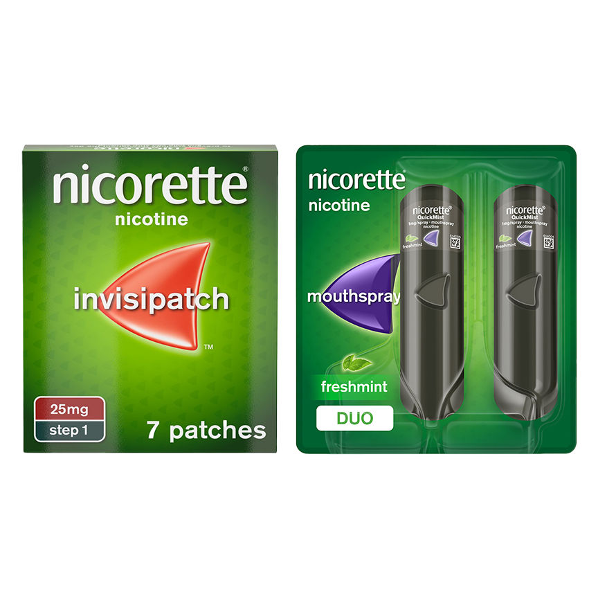 Nicorette Invisi 25mg Patch 7 pack & QuickMist 1mg/spray Mouthspray Freshmint 2 x 150 sprays Bundle