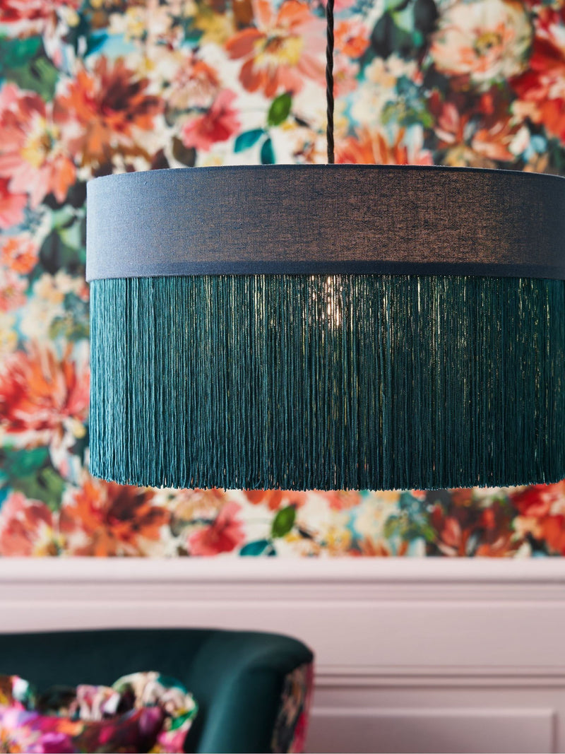 Clarke and Clarke teal blue Martello tassel lampshade 55cm diameter, UK version