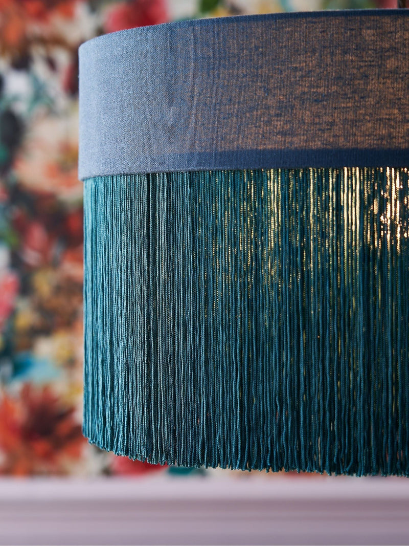 Clarke and Clarke teal blue Martello tassel lampshade 55cm diameter, UK version