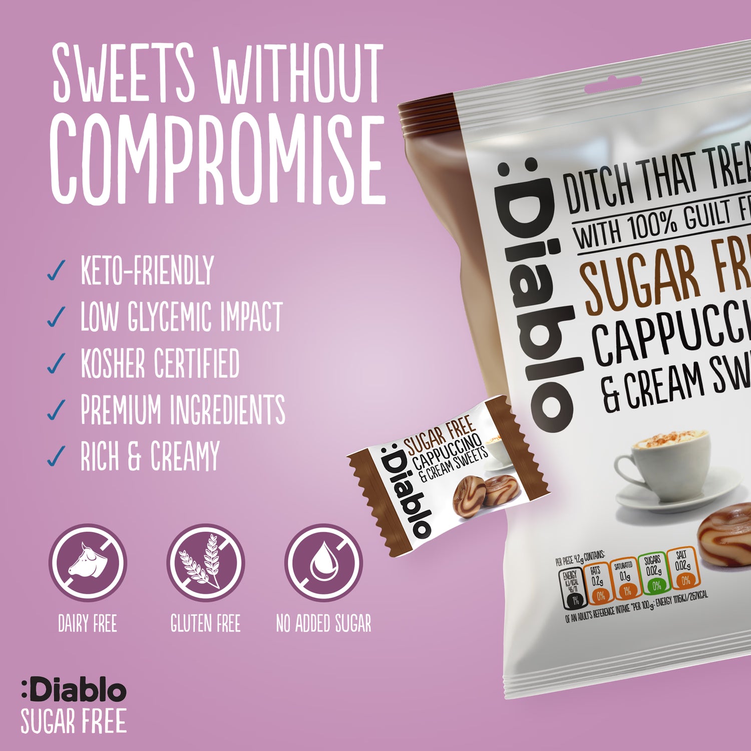 Diablo cappuccino cream sweets 75g pack, imported from the UK
