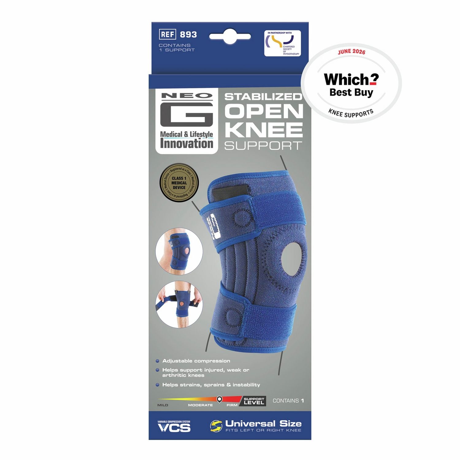 Neo G Stabilized Open Knee Support One Size, imported from the UK