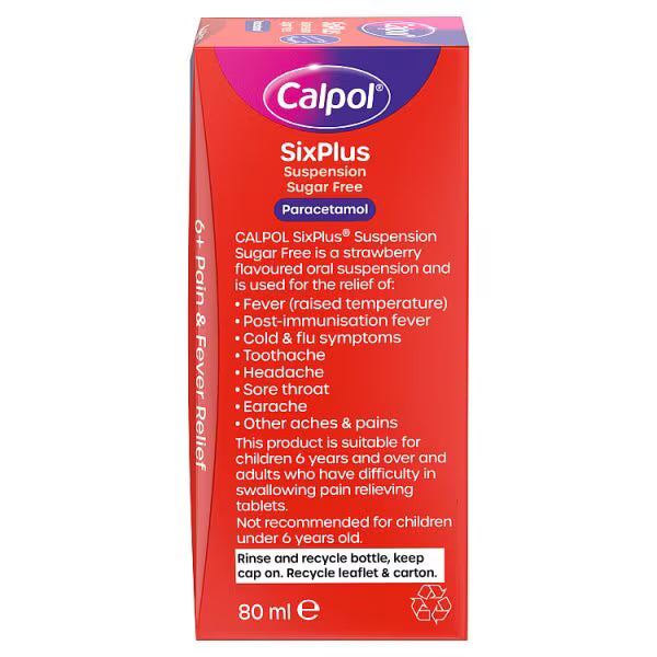 Calpol SixPlus Strawberry Suspension Sugar Free 80ml - British product