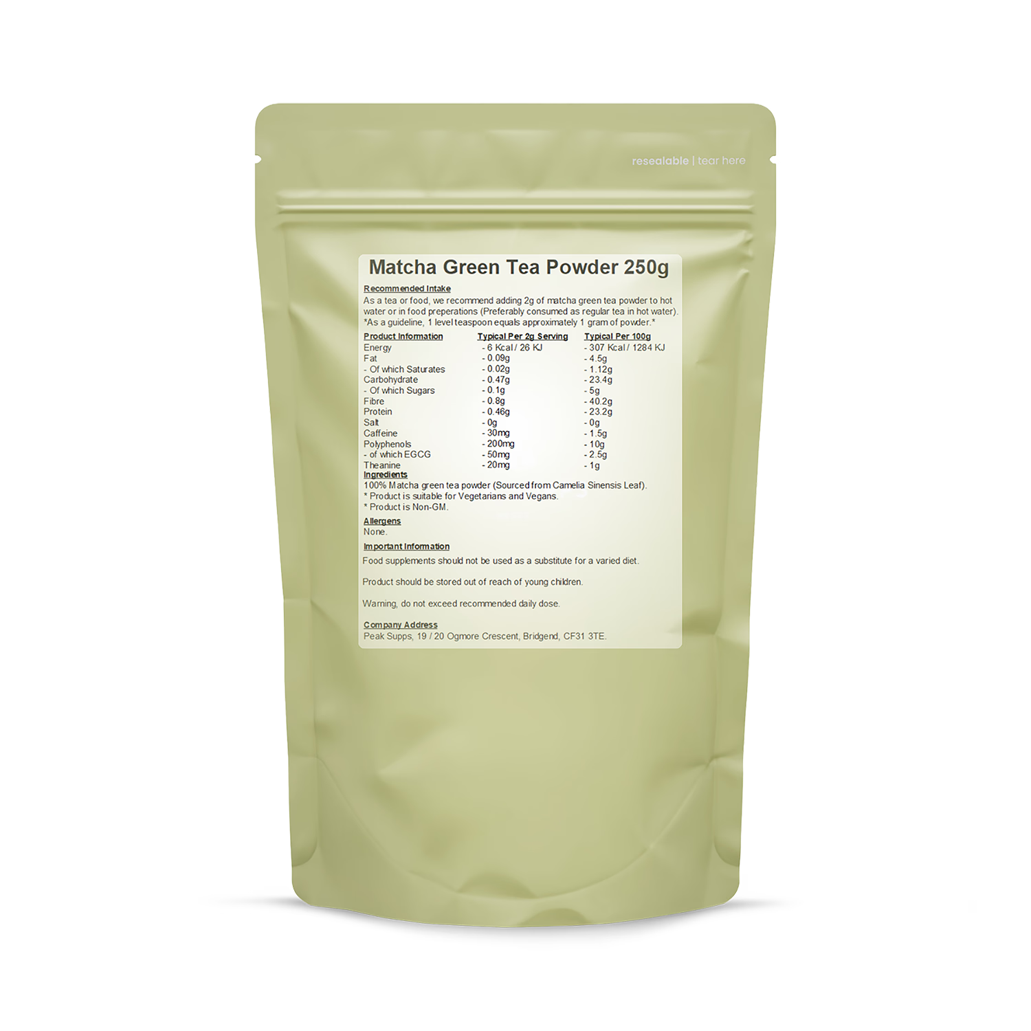 Peak Supps matcha green tea powder 250g, imported from the UK