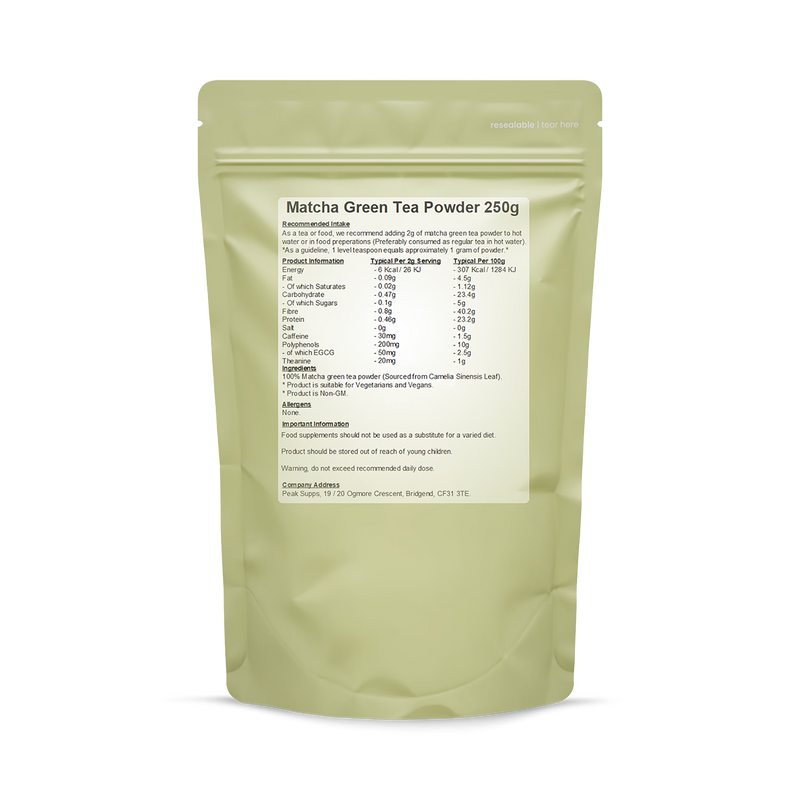 Peak Supps matcha green tea powder 250g, imported from the UK