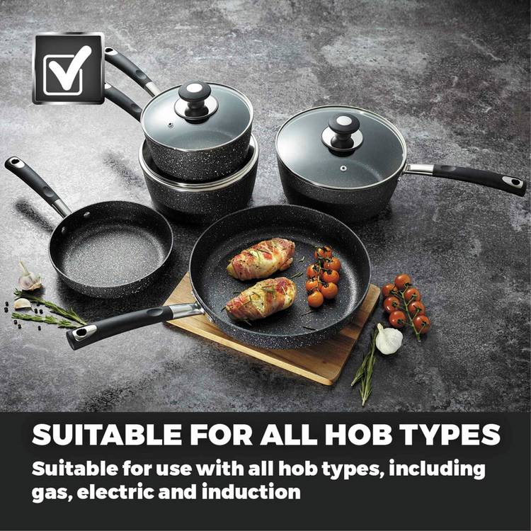 Tower 5 piece aluminium pan set in black, imported from the UK
