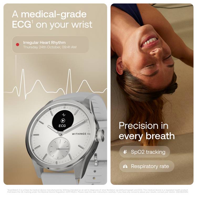 Withings ScanWatch 2 42mm smart watch pearl white grey (British brand)