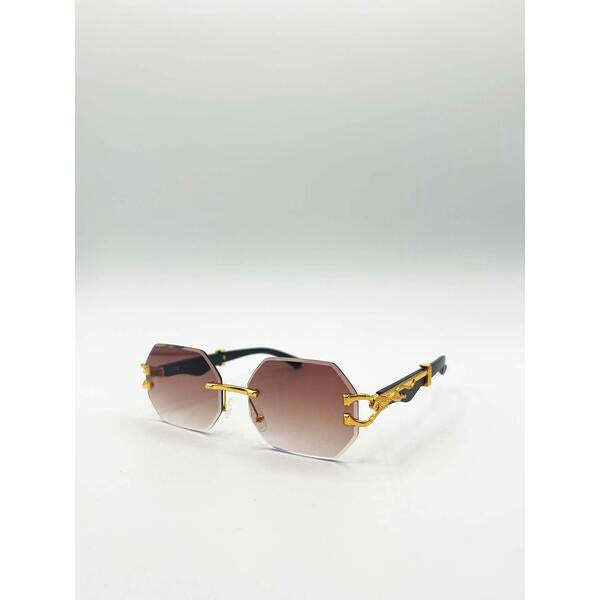 SVNX rimless oval geometric sunglasses in gold and brown - British product