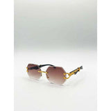 SVNX rimless oval geometric sunglasses in gold and brown - British product